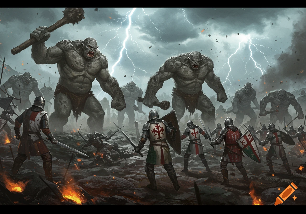 A dramatic fantasy illustration of medieval warriors battling giant trolls under a stormy, lightning-filled sky amidst a fiery battlefield.