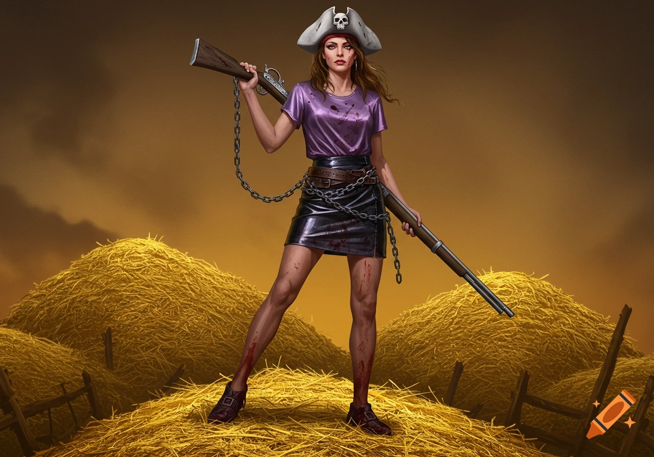 A stylized digital painting of a fierce female pirate with bloodstains, a skull hat, purple shirt, and leather skirt, holding a rifle amidst golden hay bales.