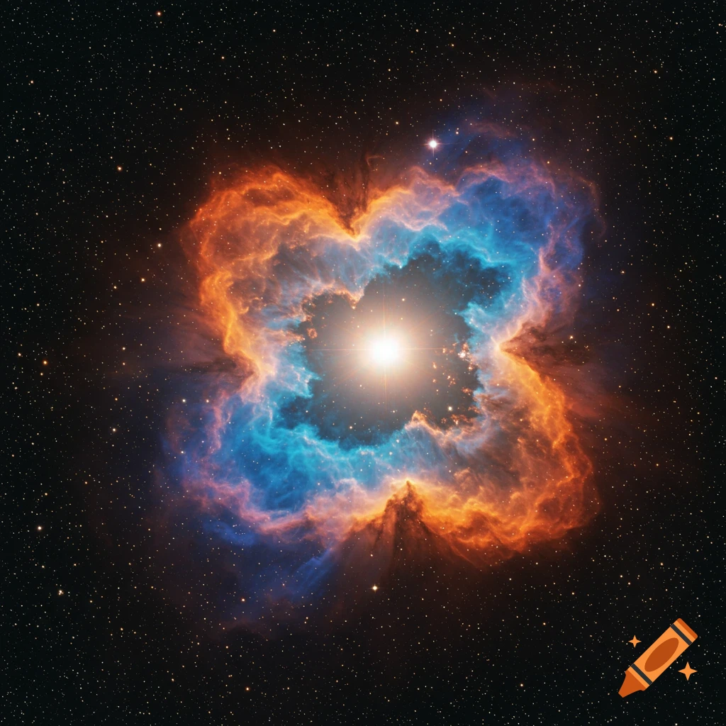 A vibrant butterfly-shaped nebula with glowing orange and blue gas, surrounding a bright central star, against a starry dark sky.