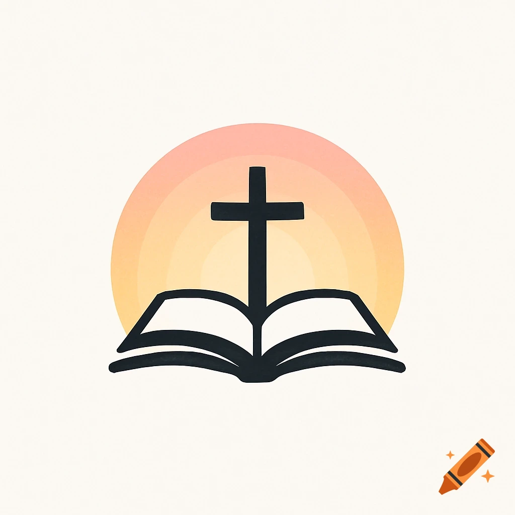 Minimalist logo of a cross rising from an open Bible against a soft gradient sunset on a white background.