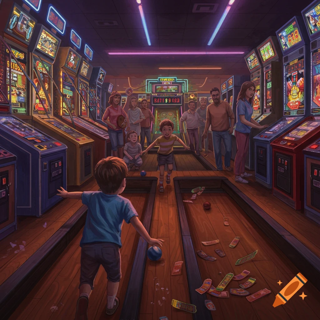 An illustration shows people, including two children in the foreground, playing skeeball in a dimly lit, vibrant arcade with neon lights and rows of colorful arcade machines.