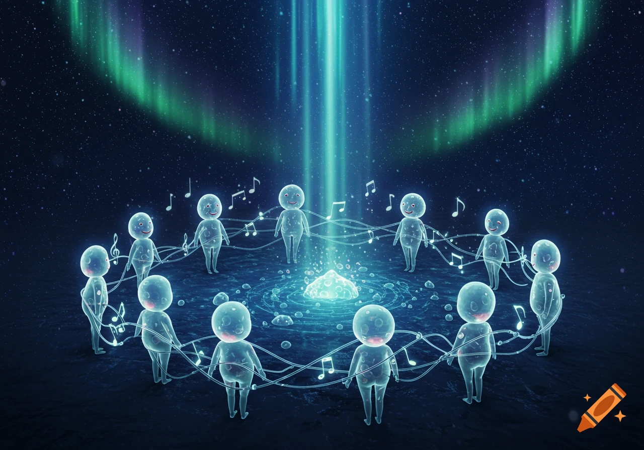Glowing, translucent figures form a circle, connected by swirling musical notes, under a starry sky with an aurora and a central beam of light.