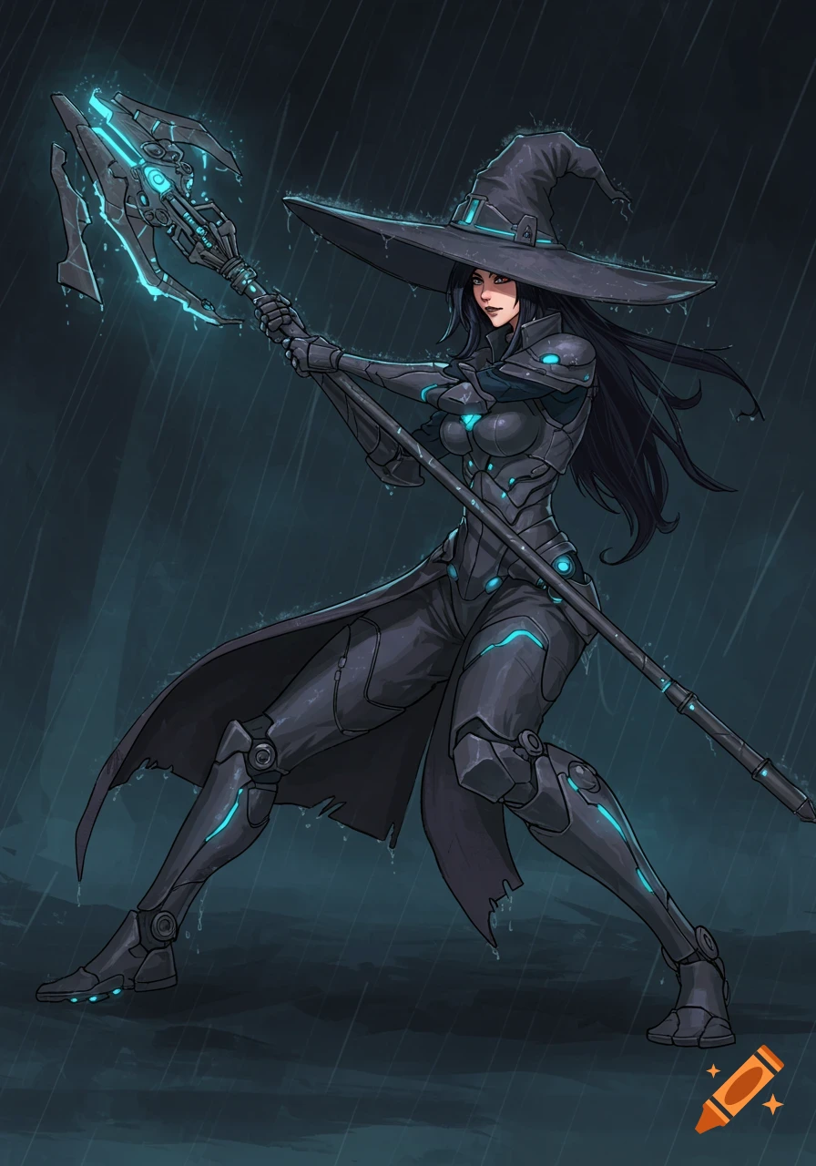 A female cyborg witch in dark gray armor with glowing blue accents holds a robotic staff in a martial arts stance as rain falls.