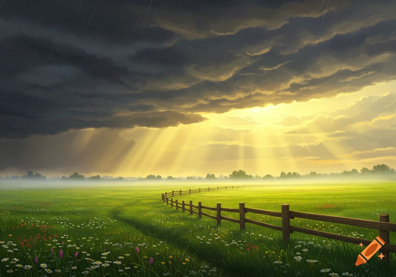 Painterly landscape of a green field with wildflowers, a winding fence, dark storm clouds, and sun rays breaking through.