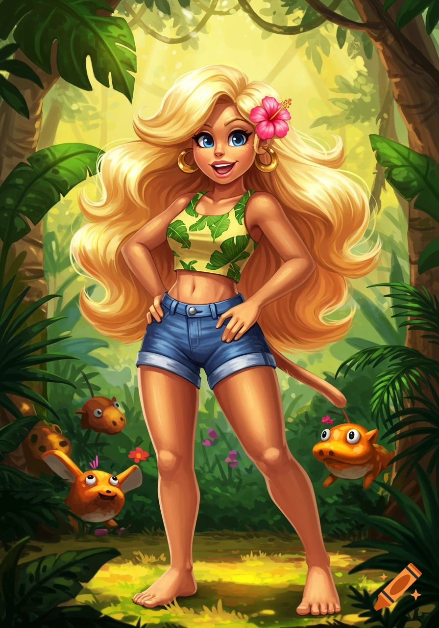 Vibrant cartoon illustration of a smiling blonde woman in a jungle, wearing a crop top and denim shorts, with a pink hibiscus in her hair, surrounded by small orange creatures.