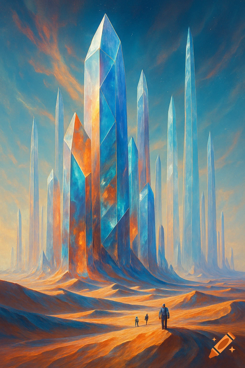 Vast desert landscape with towering blue and orange crystal spires under an orange and blue sky. Small figures walk on sandy terrain.