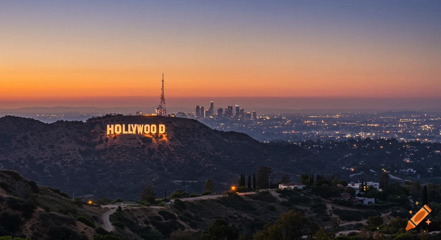 Photorealistic view of the illuminated Hollywood sign on a hill at dusk, with the Los Angeles cityscape in the background.