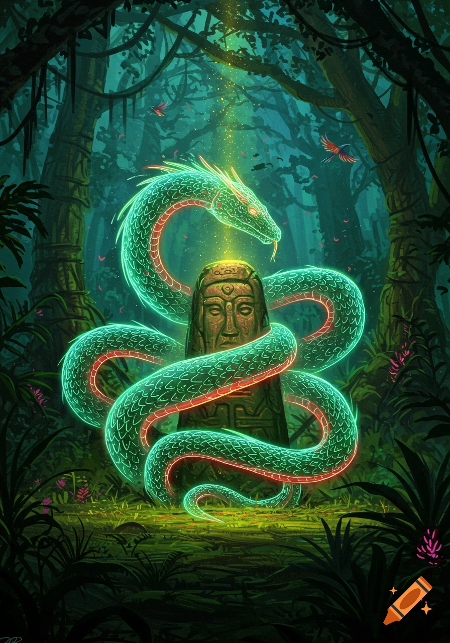 A vibrant, bioluminescent green serpent with red scales coils around an ancient, weathered stone oracle in a dark, glowing jungle.