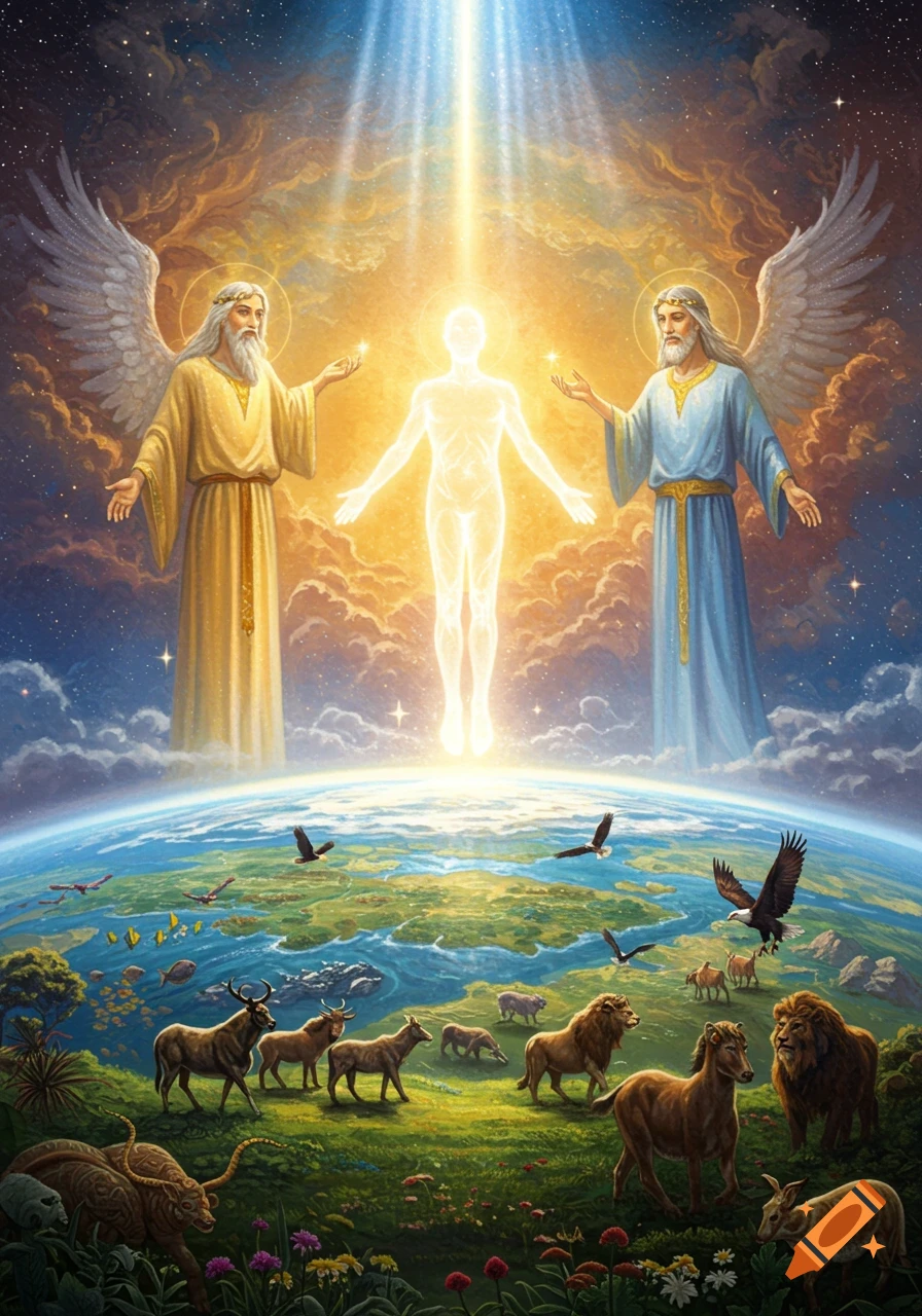 Two angels and a glowing human figure oversee a vibrant Earth filled with diverse animals and lush landscapes, bathed in celestial light.