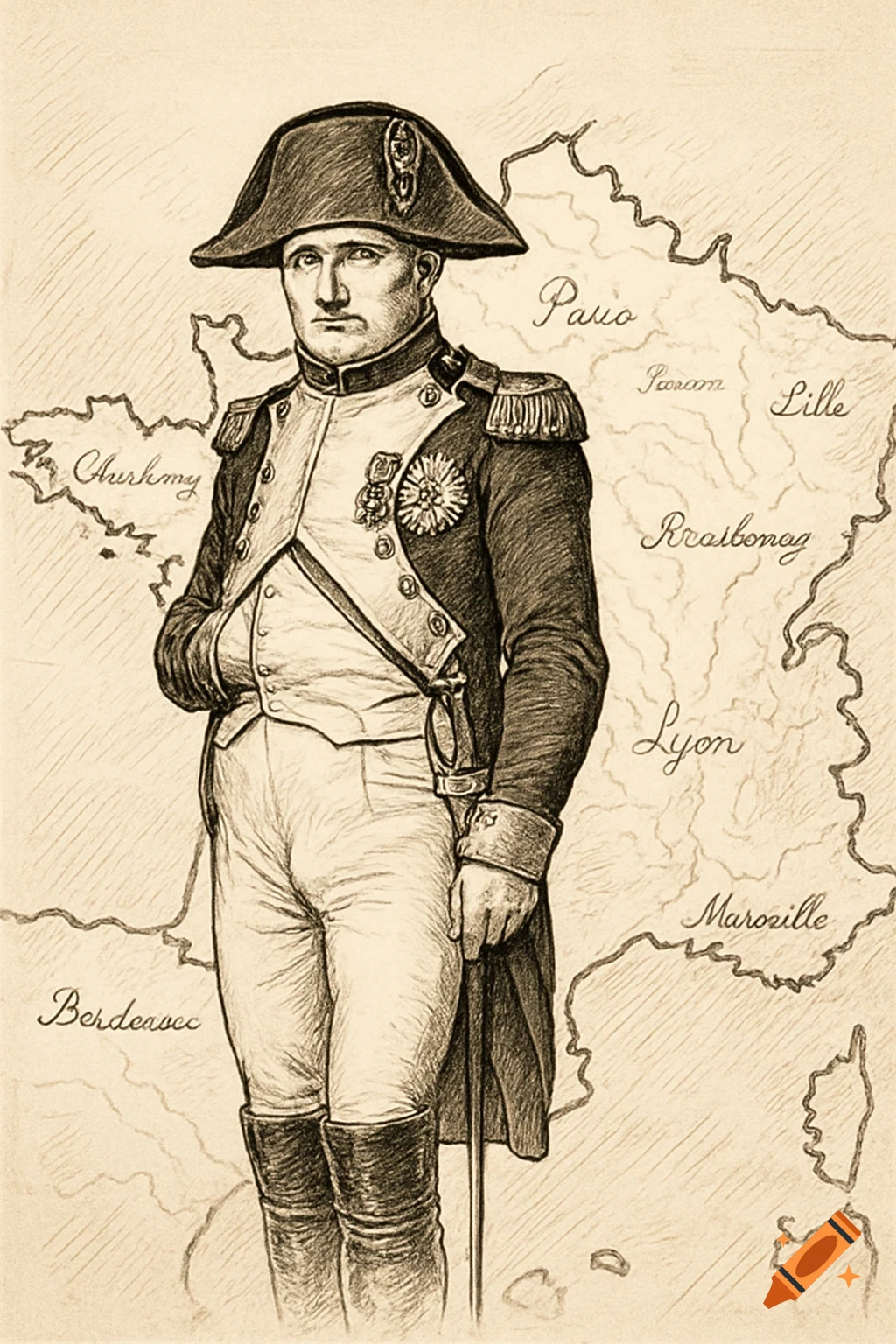 Sepia-toned illustration of Napoleon Bonaparte standing in front of a sketch map of France, in a drawing style.
