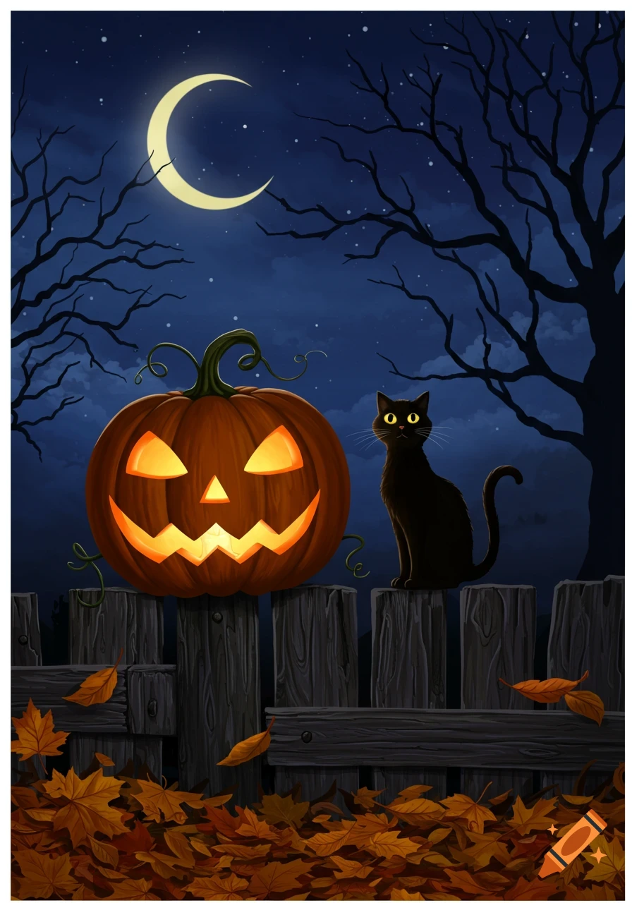 An illustration of a glowing jack-o'-lantern and a black cat sitting on a wooden fence under a crescent moon at night, with autumn leaves below.