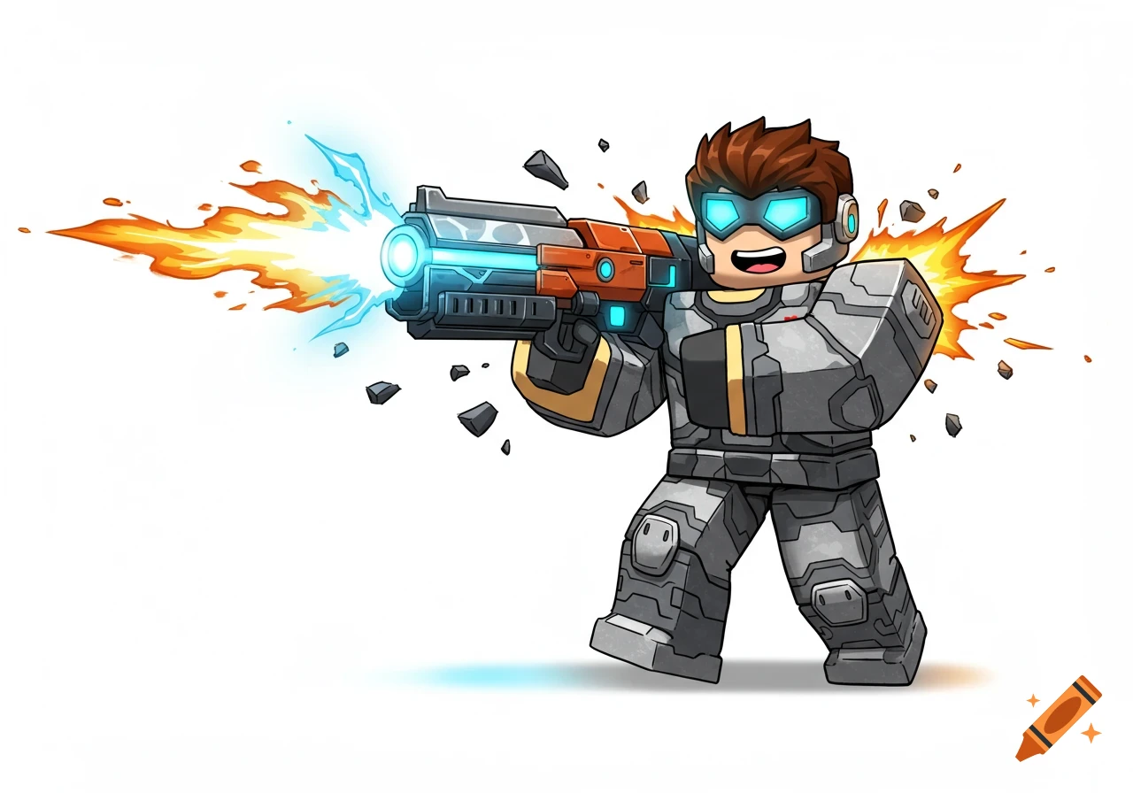 A cartoon blocky character in futuristic armor, resembling a Roblox avatar, is firing a sci-fi gun with blue energy and orange fire effects.