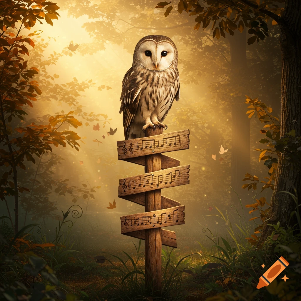 A majestic owl perches on a wooden signpost adorned with musical notes in a magical, sunlit autumn forest.