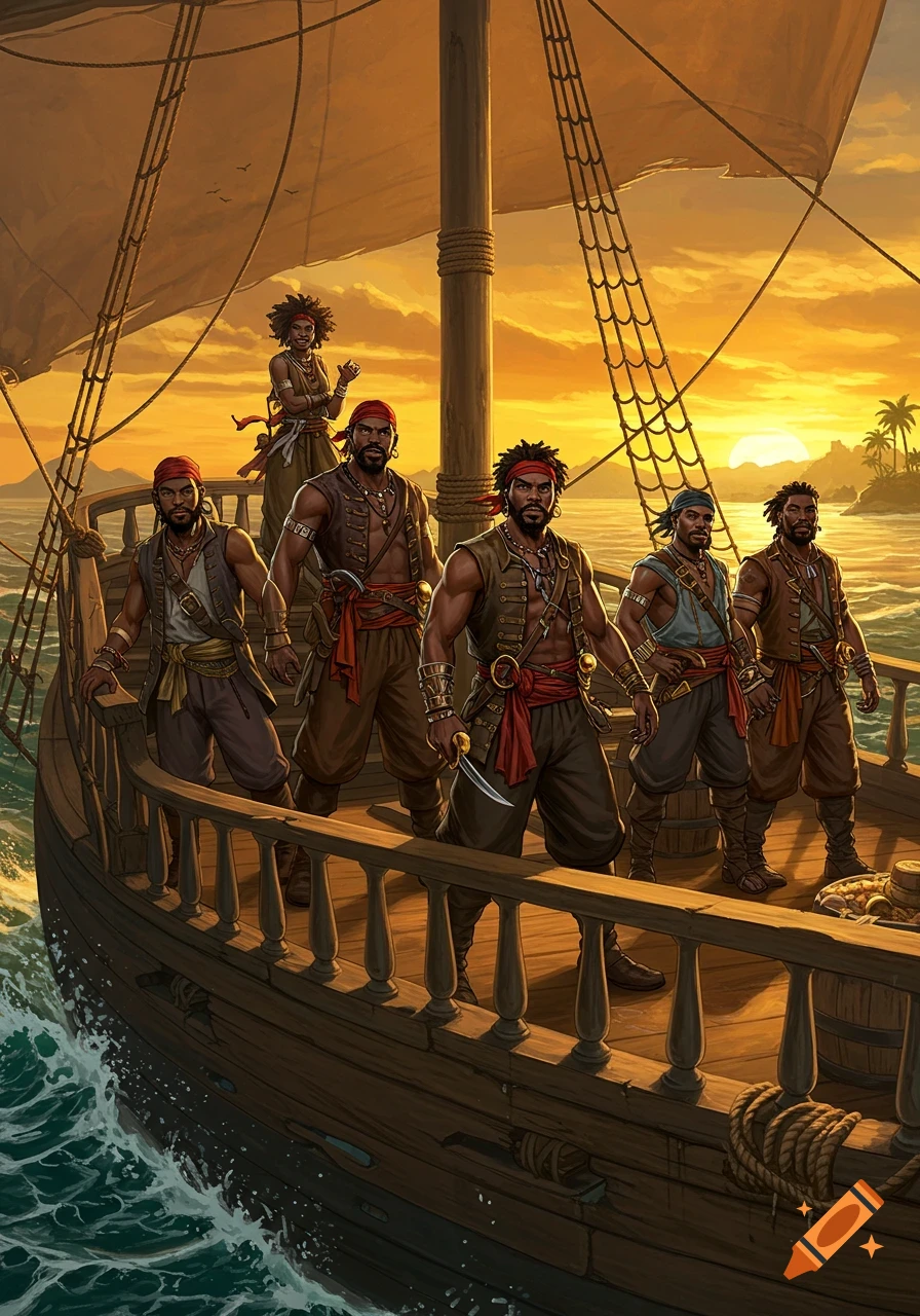 Illustrated fantasy art of five African American pirates standing on a wooden ship at sunset, sailing on the open sea.