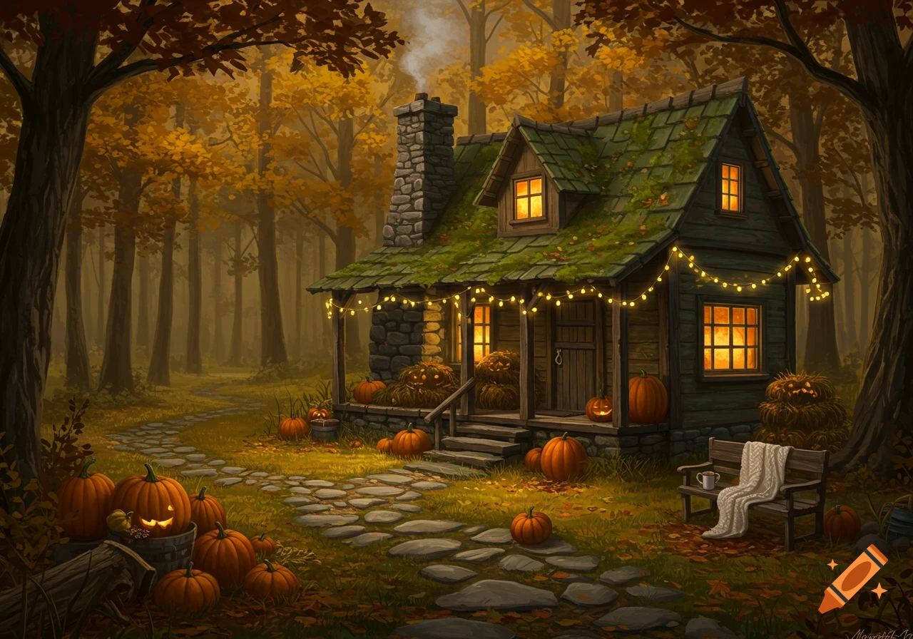A cozy, moss-roofed cottage in an autumnal forest at twilight, adorned with glowing windows, fairy lights, and pumpkins. Illustrated.