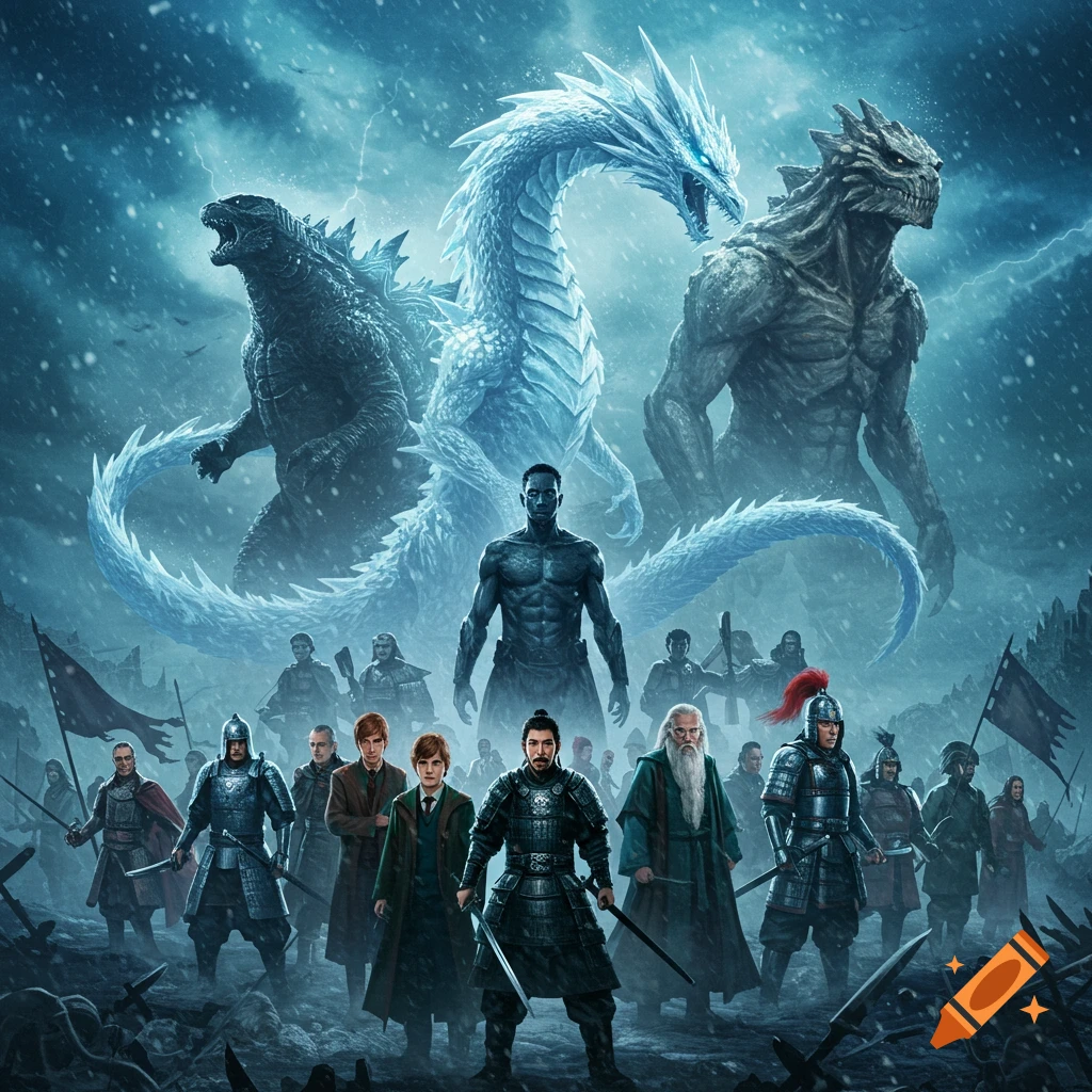 An epic movie poster style illustration featuring Godzilla, an ice dragon, and a Cloverfield monster looming over a group of diverse warriors and magical figures in a snowy, stormy landscape.