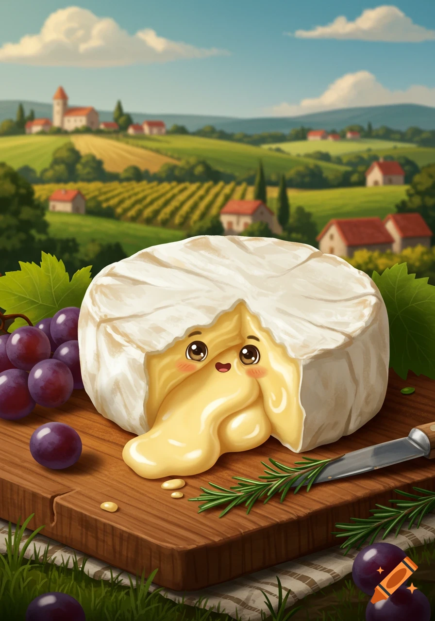 A cute cartoon camembert cheese with a happy face on a cutting board with grapes and rosemary, set against a sunny vineyard landscape.