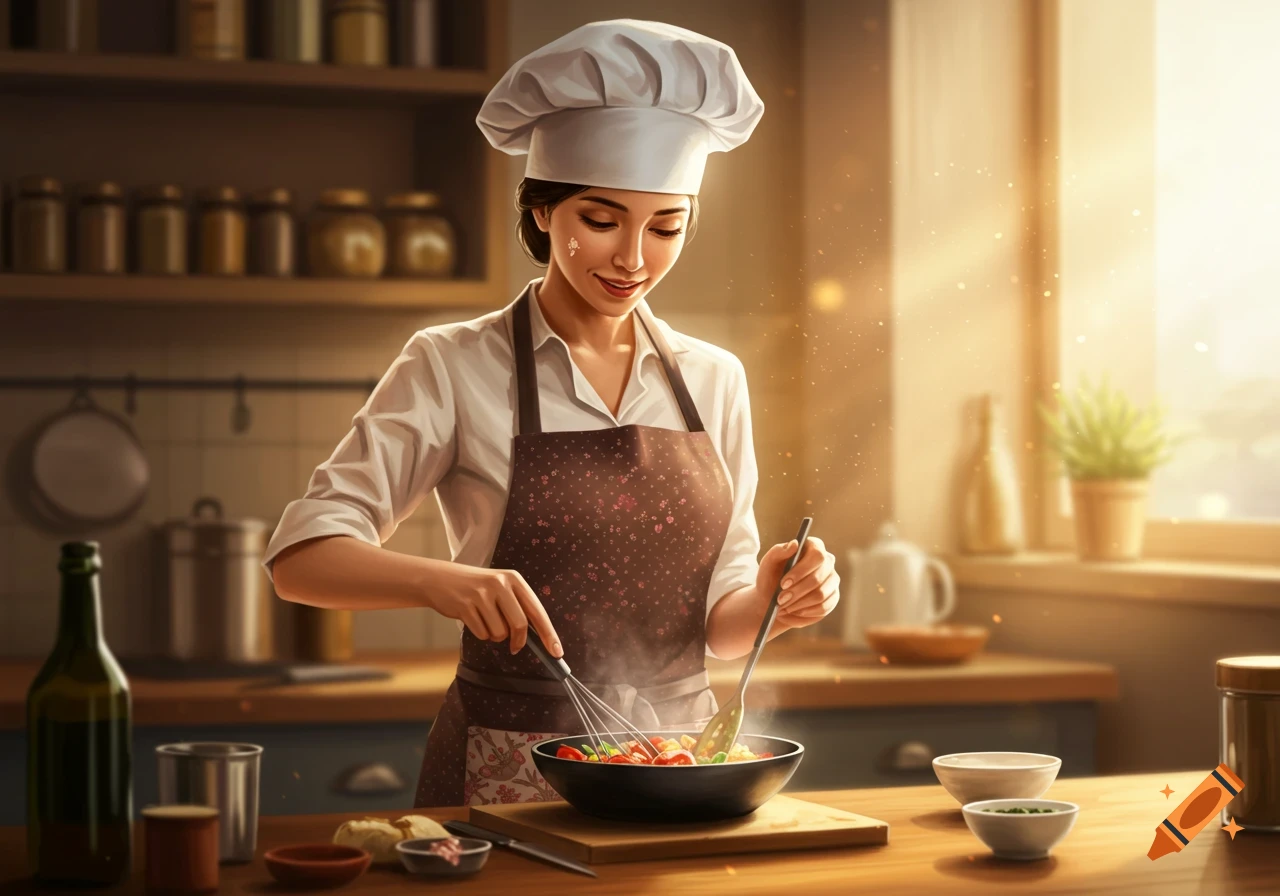 A female chef in a white hat and apron stirs food in a pan in a warm, sunlit kitchen, digital art style.