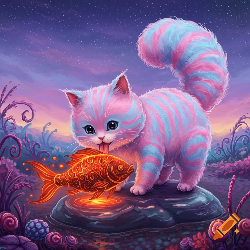 A whimsical pink and blue striped cat with big eyes licks a glowing ornate red fish in a vibrant fantasy landscape under a starry sky.