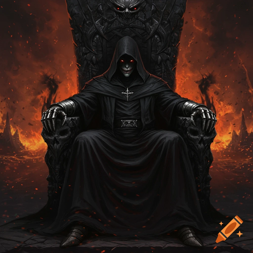 A hooded, skeletal dark lord with glowing red eyes sits on a skull throne amidst a fiery inferno in a dark fantasy style.