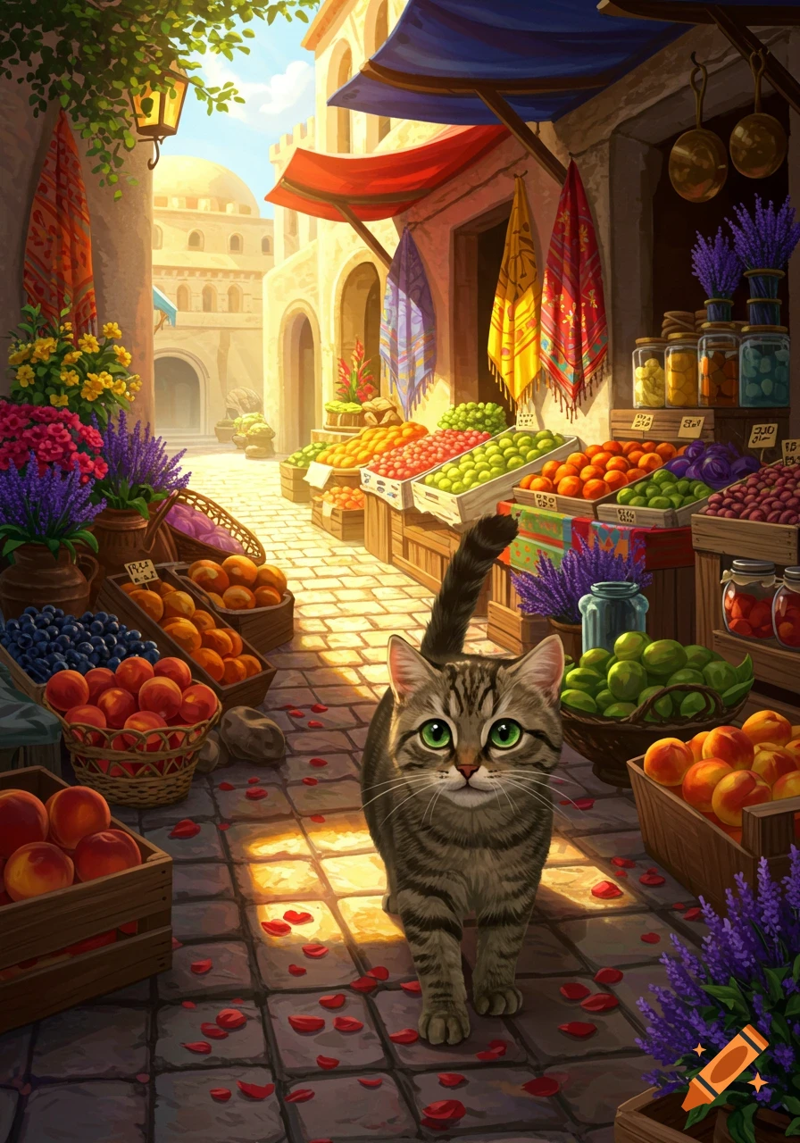 A tabby cat with green eyes walks on a cobblestone street through a vibrant, sunlit marketplace with fruit and flower stalls.