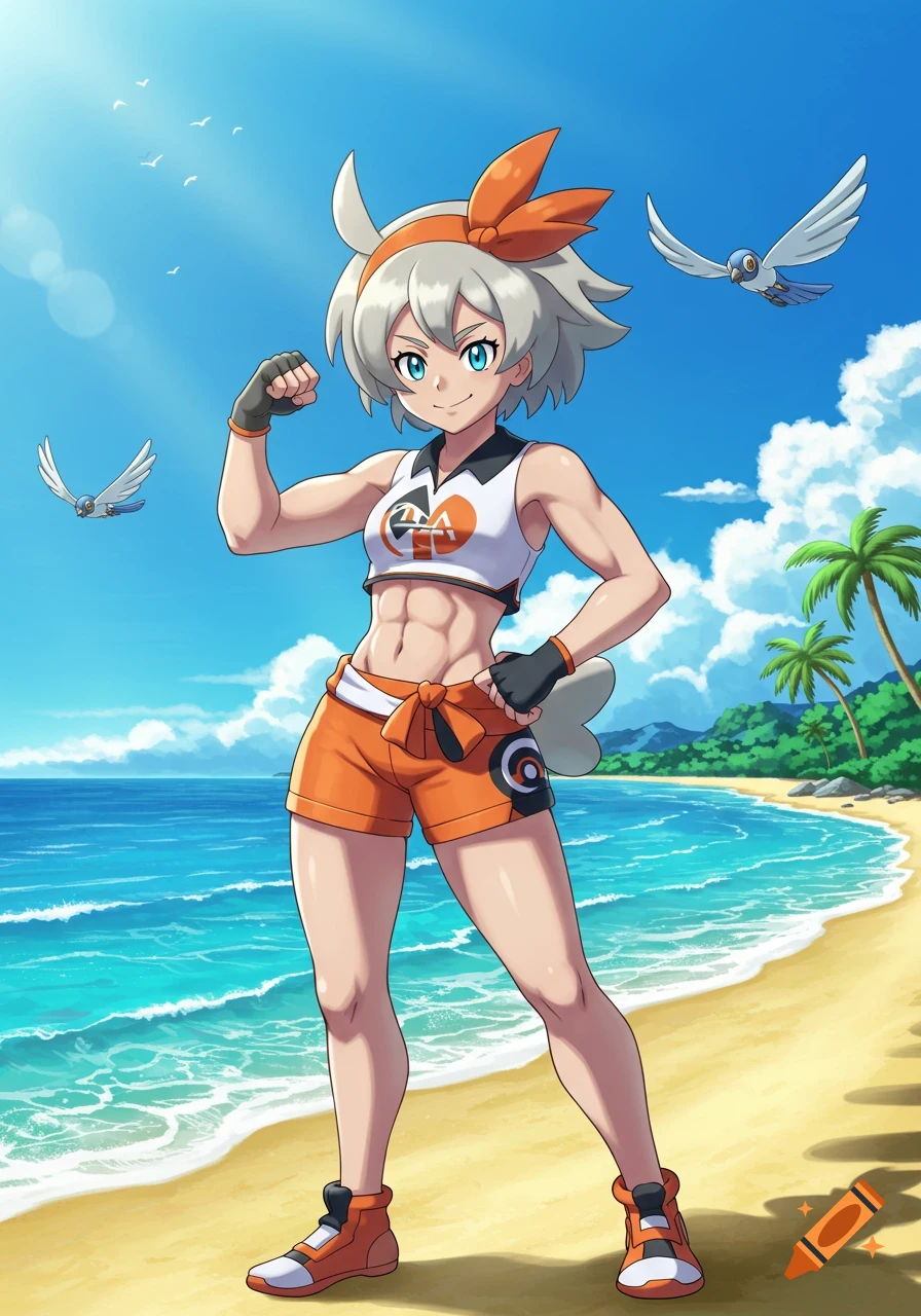 Bea from Pokémon, an anime girl with grey hair and orange attire, flexes on a sunny beach with bird Pokémon.