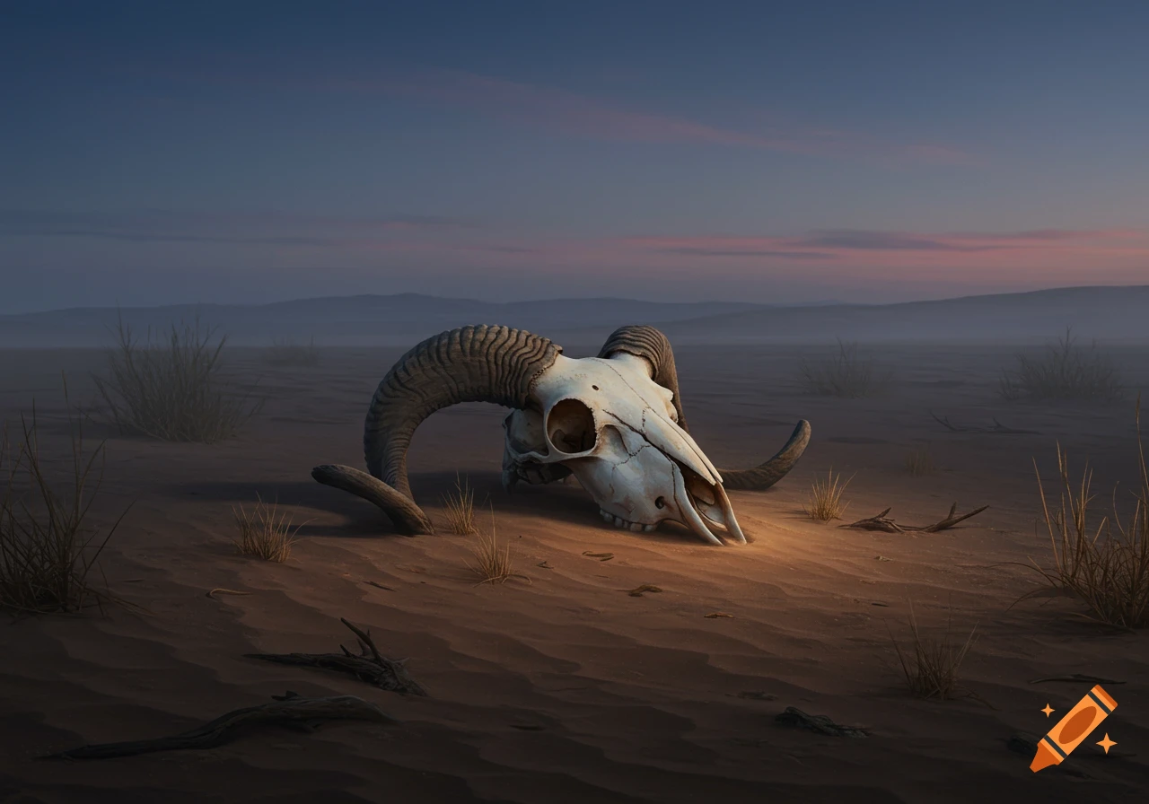 A weathered ram skull lies on the sand in a vast, misty desert at dusk.