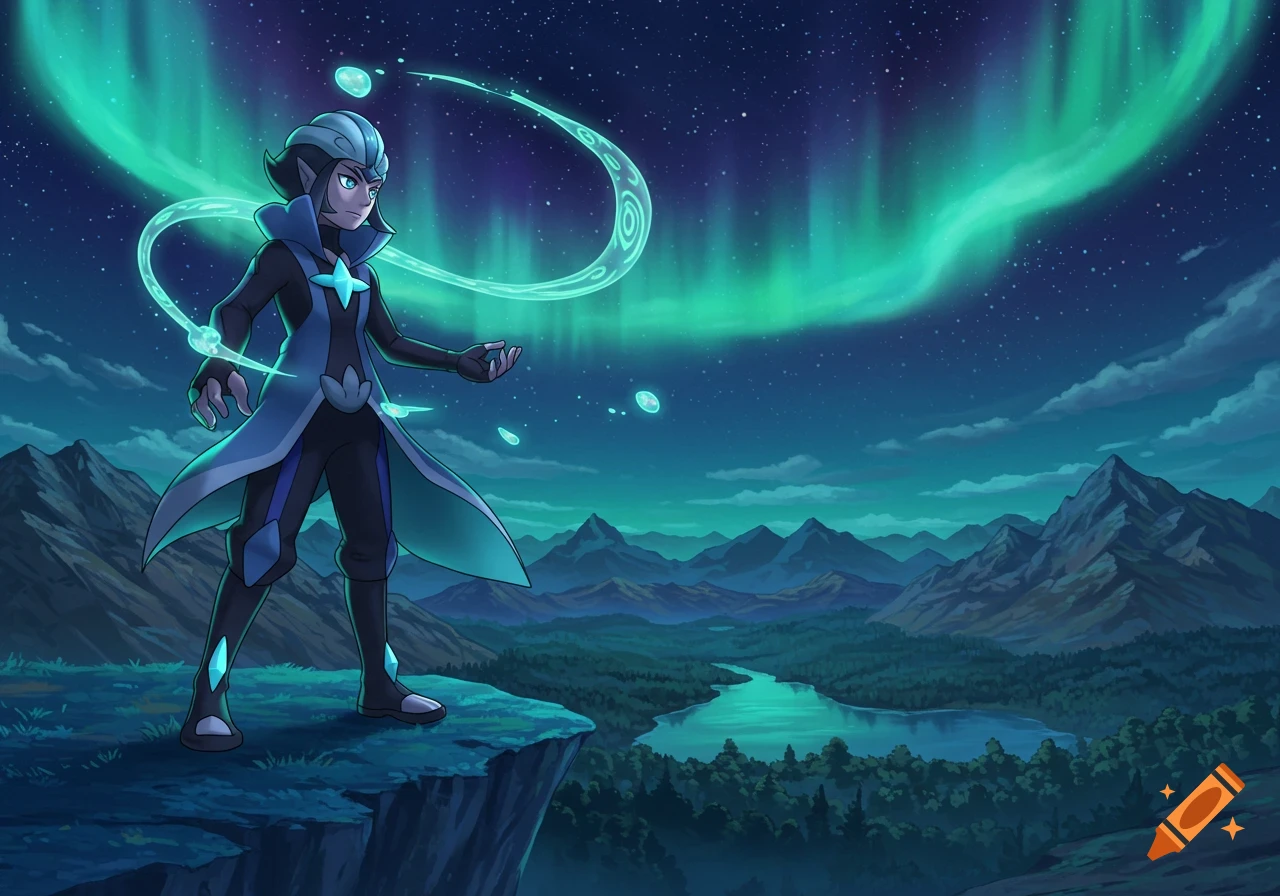 Amethio, an anime character, stands on a cliff overlooking a mountain landscape with a lake, under a starry sky and green aurora. He is surrounded by glowing energy.