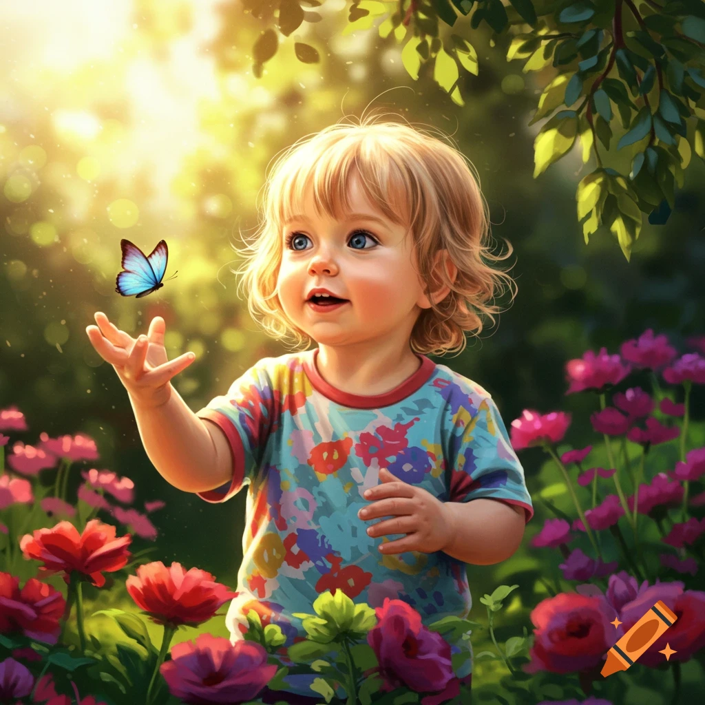 A happy toddler in a colorful shirt reaches for a blue butterfly in a sunny garden filled with flowers.