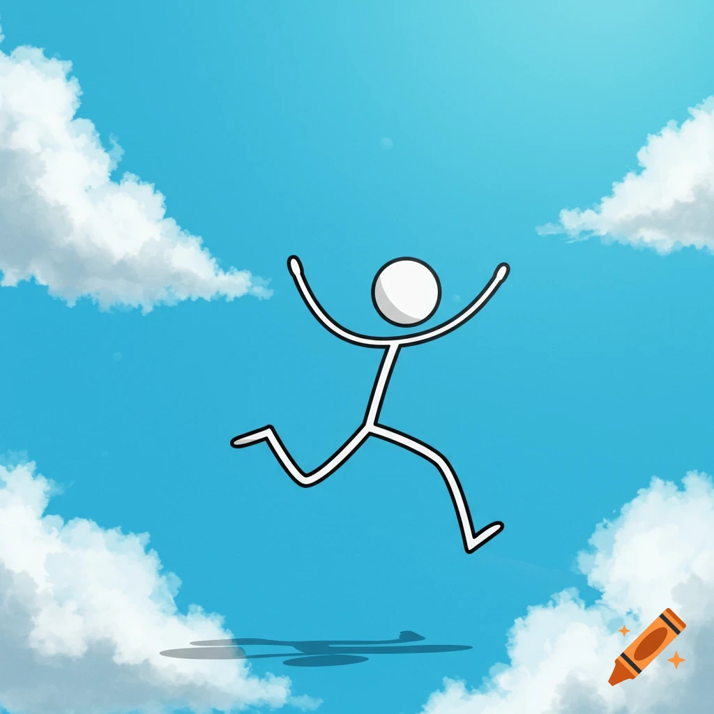 A cartoon stick figure jumps excitedly in a bright blue sky with fluffy white clouds.