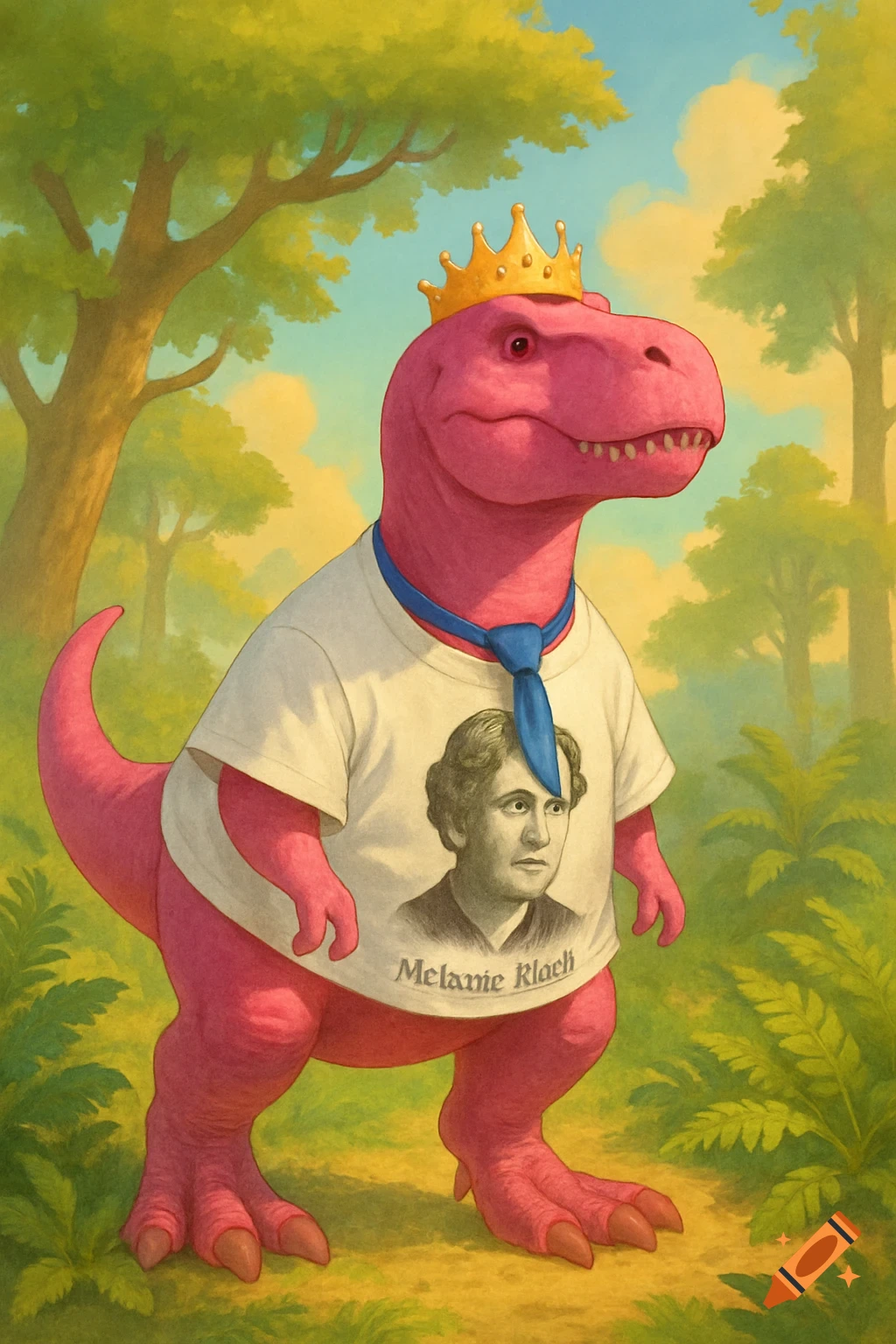A pink T-Rex with a gold crown, blue tie, and a white t-shirt featuring a portrait of Melanie Klein stands in a vibrant forest.