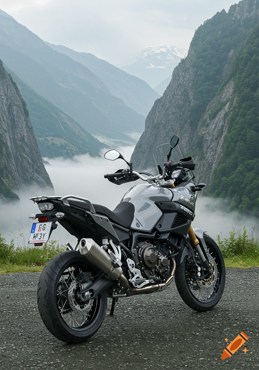 A grey Super Ténéré 1200 motorcycle parked on a mountain road, overlooking a fog-filled valley between steep mountains under an overcast sky. Photorealistic.