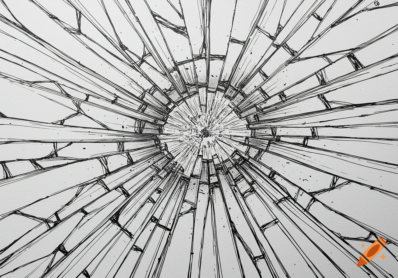 Black and white outline drawing of shattered glass with cracks radiating from a central point.