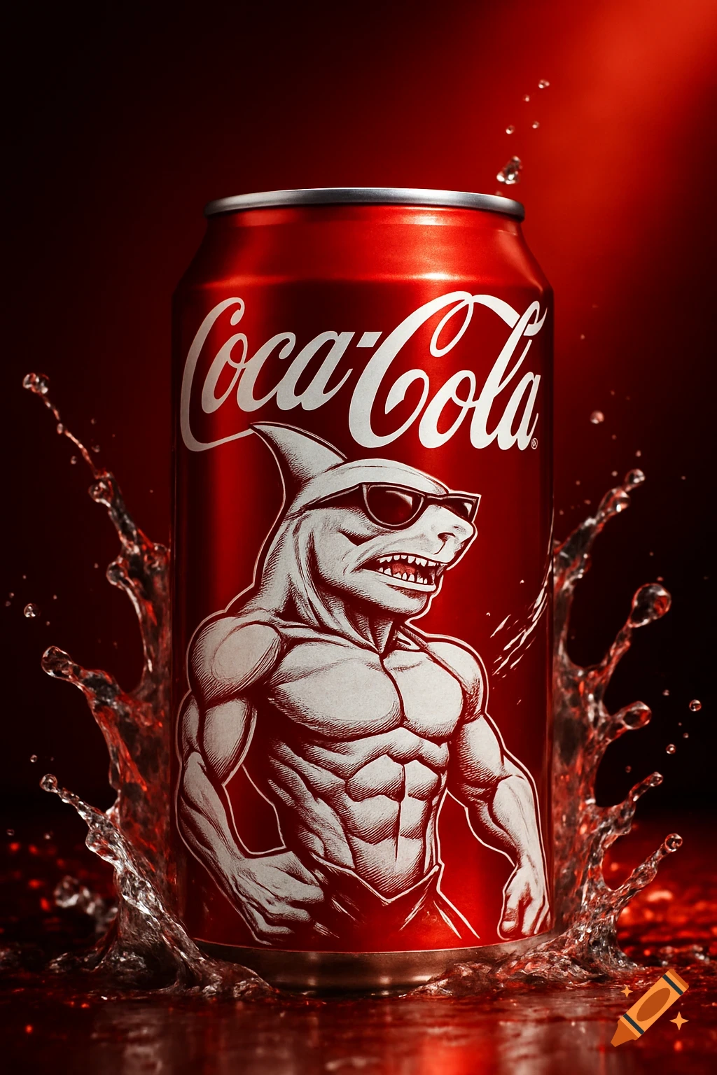 A hyperrealistic advertisement of a red Coca-Cola can with a white illustration of a muscular, sunglasses-wearing shark-man superhero, surrounded by water splashes on a glowing red background.