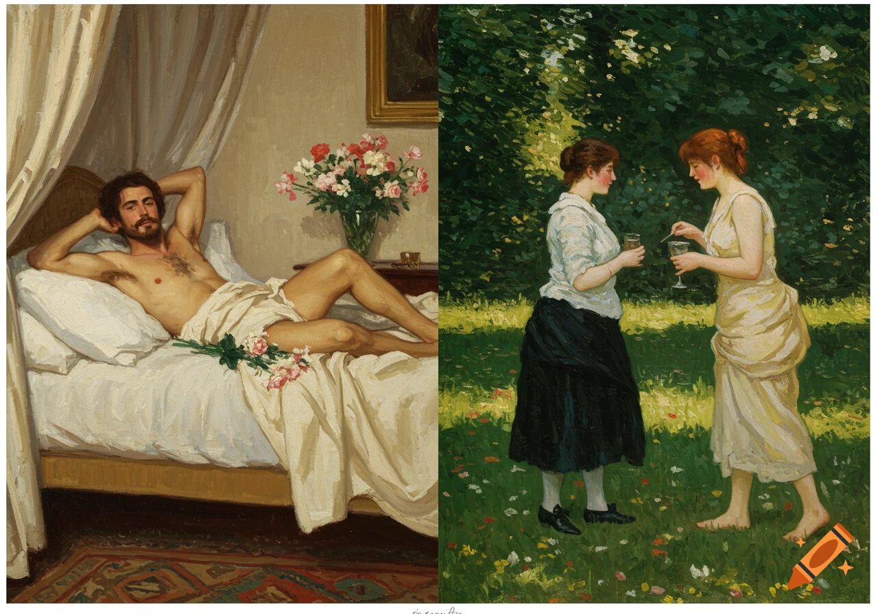 A diptych of paintings. Left: A bearded man with a bare chest reclines on a bed covered with a sheet, holding flowers. Right: Two women in period dresses converse in a sunlit garden, one holding a glass.