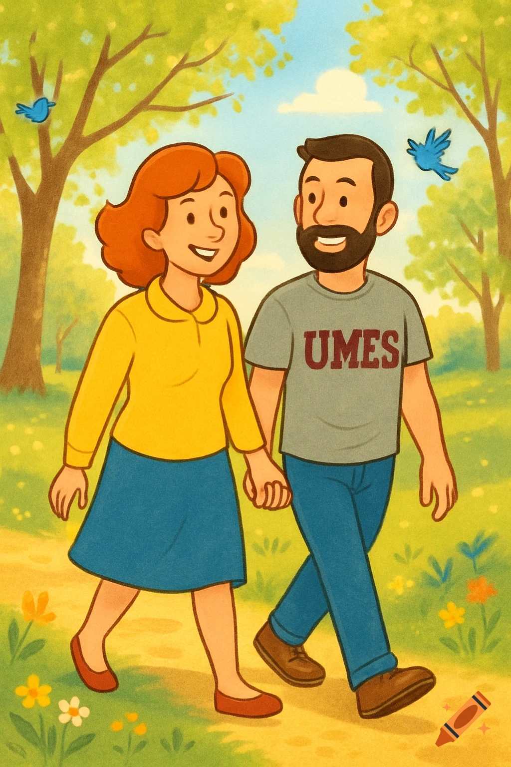 A cartoon couple, a red-haired woman and a bearded man in a UMES t-shirt, walk hand-in-hand through a sunny park.