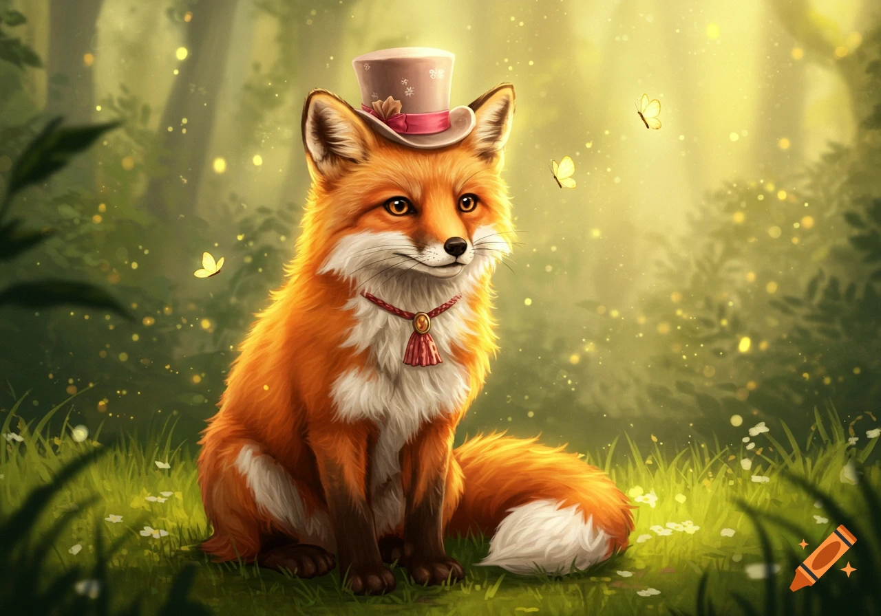A cute red fox with a small top hat and a pendant necklace sits in a glowing, magical forest with butterflies.