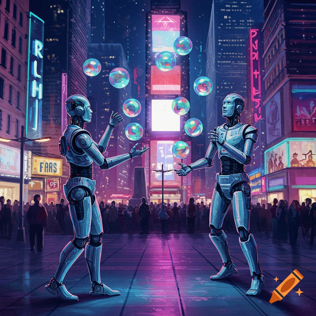 Two robots juggle glowing orbs on a neon-lit cyberpunk city street at night.
