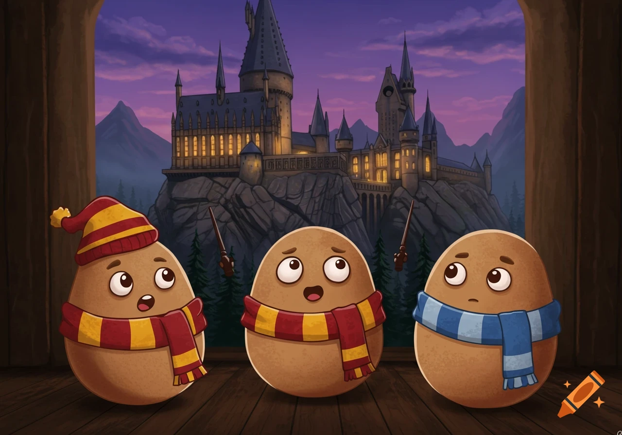Cartoon potatoes wearing Harry Potter scarves and wands with silly faces, in front of Hogwarts castle at dusk.
