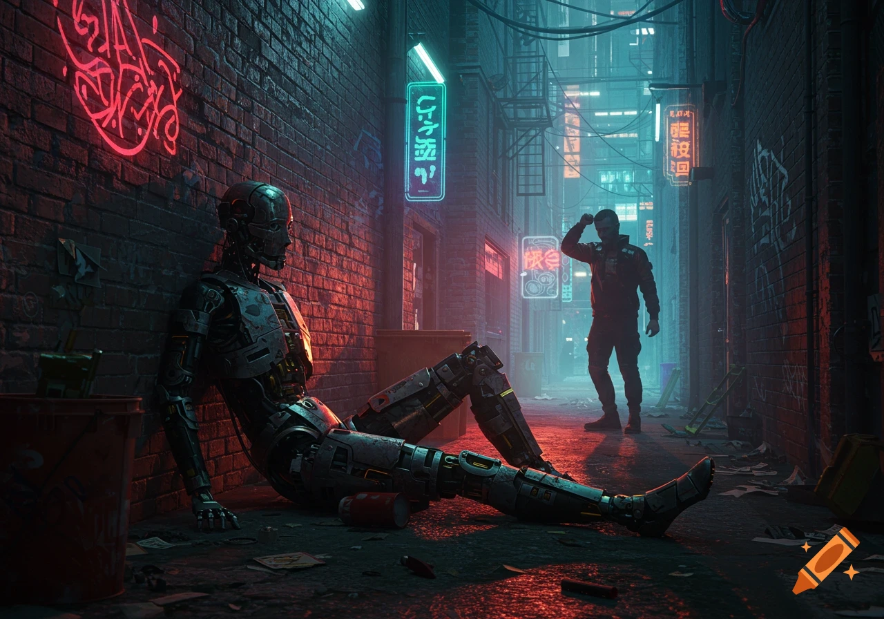 A humanoid robot slumped against a neon-lit brick wall in a dark cyberpunk alley, with a man standing nearby.