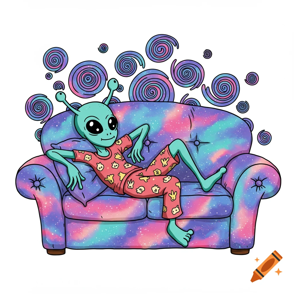 A cartoon alien in pajamas lounges on a galaxy-patterned couch with trippy purple and blue swirls in the background.