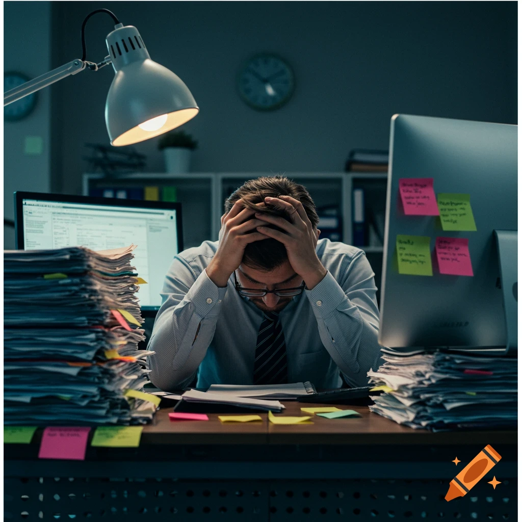 A photorealistic image of a stressed office worker at a desk, head in hands, surrounded by stacks of documents under a desk lamp.