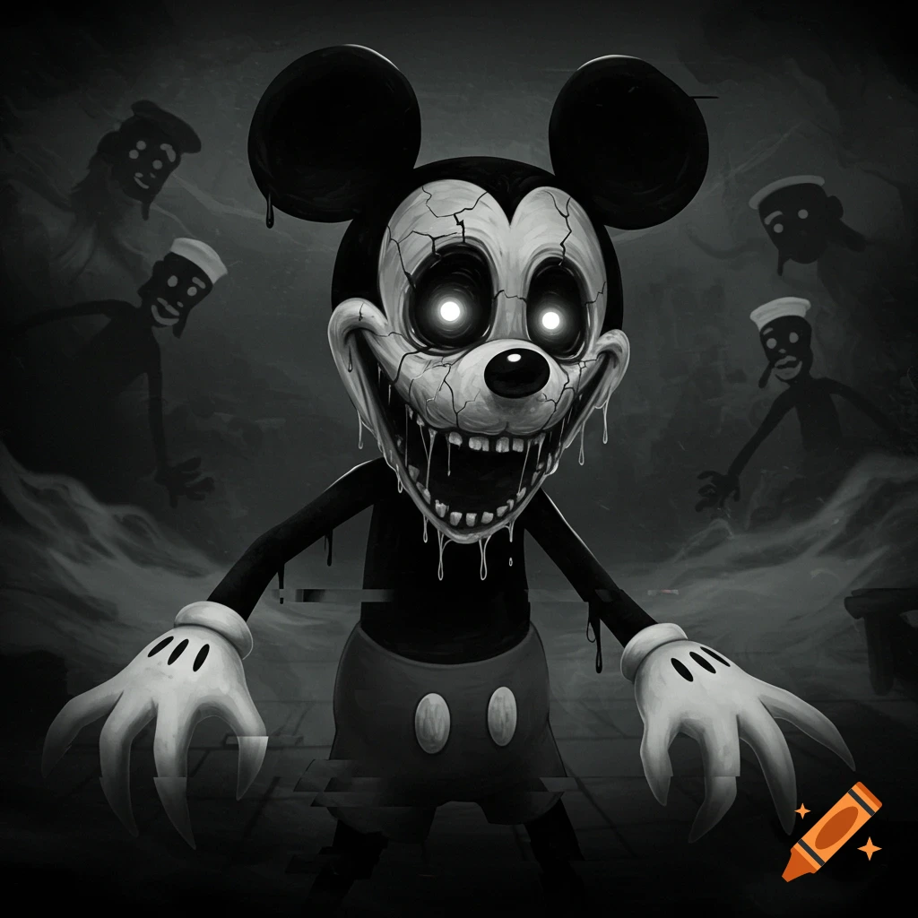 Grotesque black and white cartoon Mickey Mouse horror figure with cracked face, glowing eyes, dripping mouth, and claw-like hands, surrounded by ghostly figures in fog.