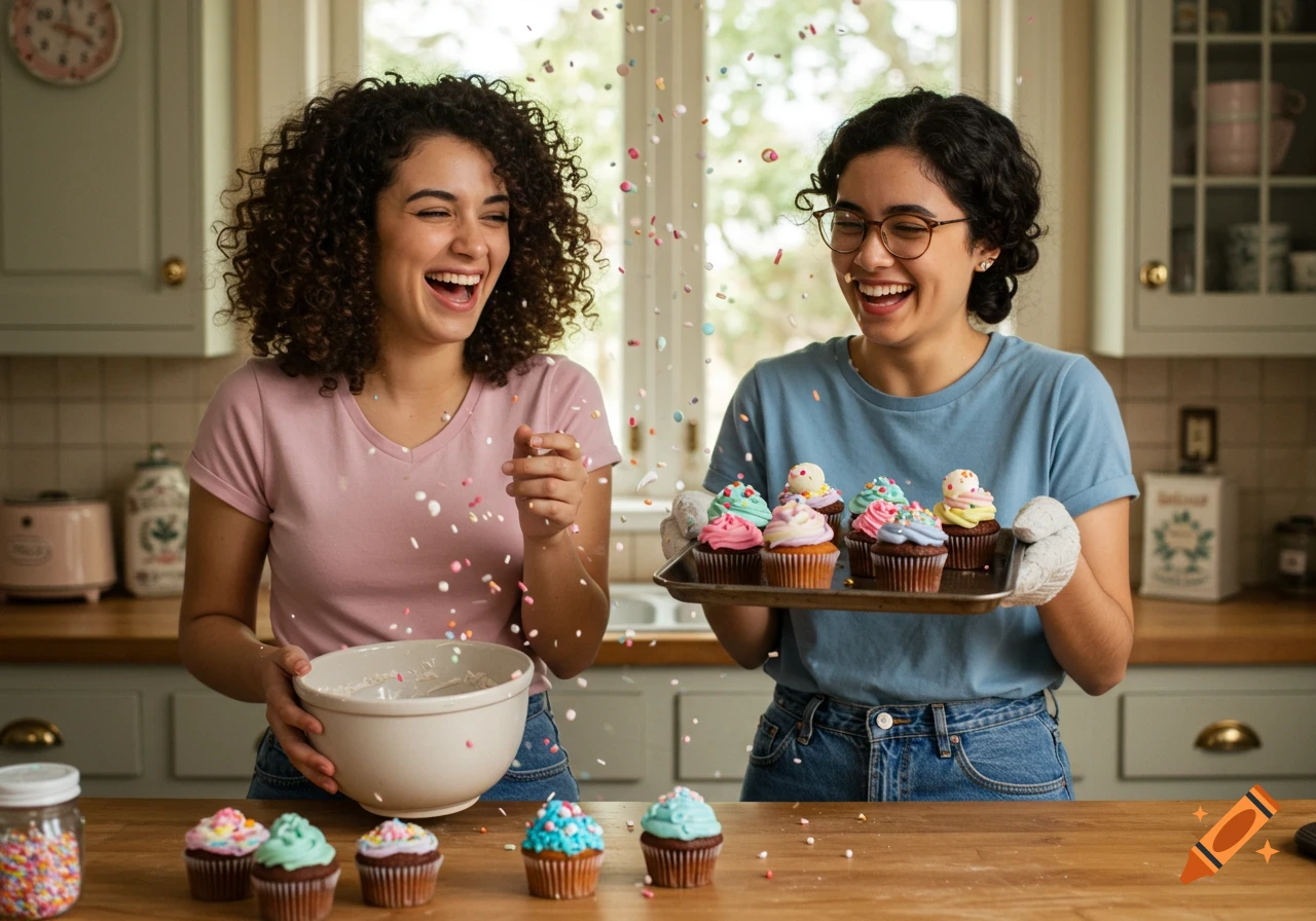 Two cheerful friends in a kitchen, one holding a mixing bowl, the other cupcakes, with sprinkles in the air.