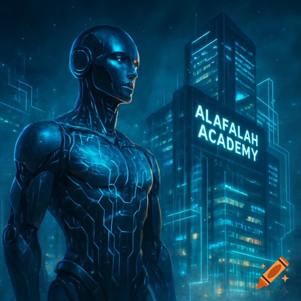 Blue metallic humanoid robot in a futuristic city at night, looking at a tall building with 'ALAFALAH ACADEMY' in neon.