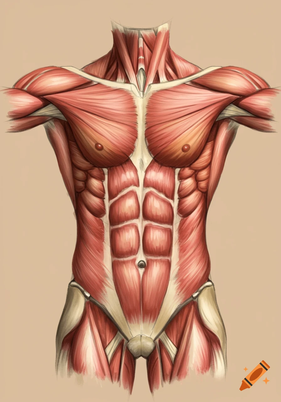 Detailed anatomical illustration of the human muscular system of the torso, from neck to hips.