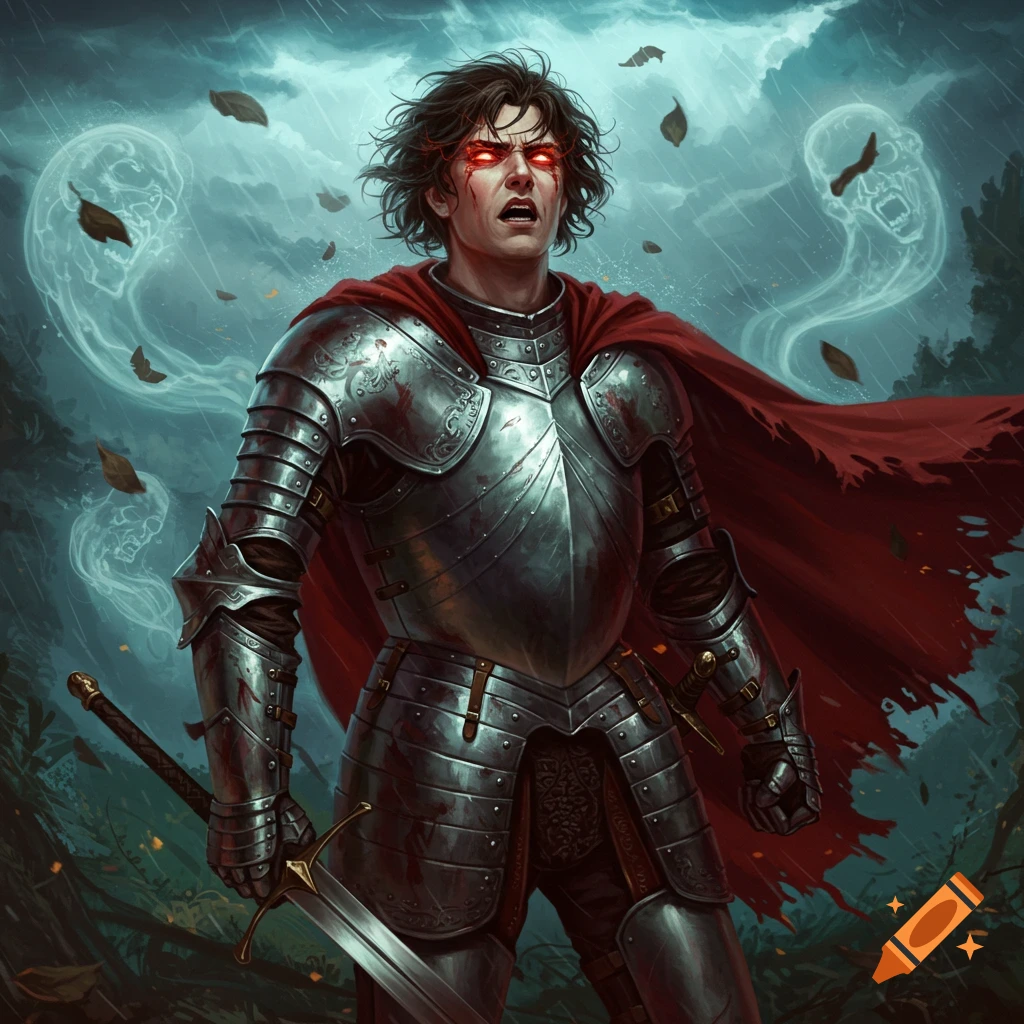 A distressed knight with glowing red eyes and blood-stained armor stands in a stormy, magical forest with ghostly figures.