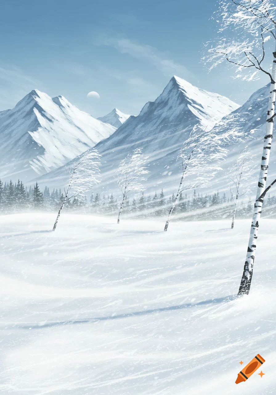 A serene digital painting of a snowy winter mountain landscape with bare trees and blowing snow under a light blue sky.