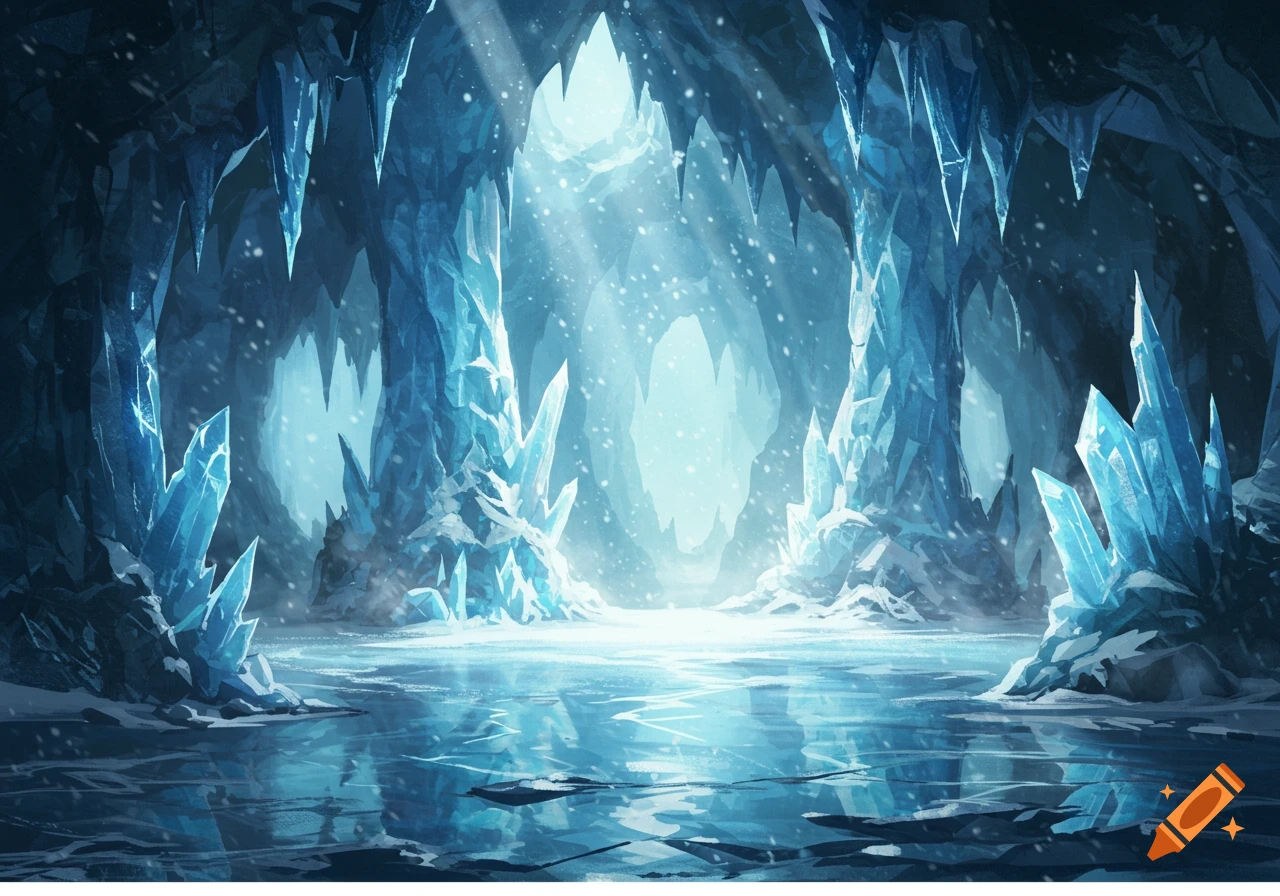 An atmospheric illustration of a glowing blue ice cave with large crystal formations, reflective frozen water, and falling snow.
