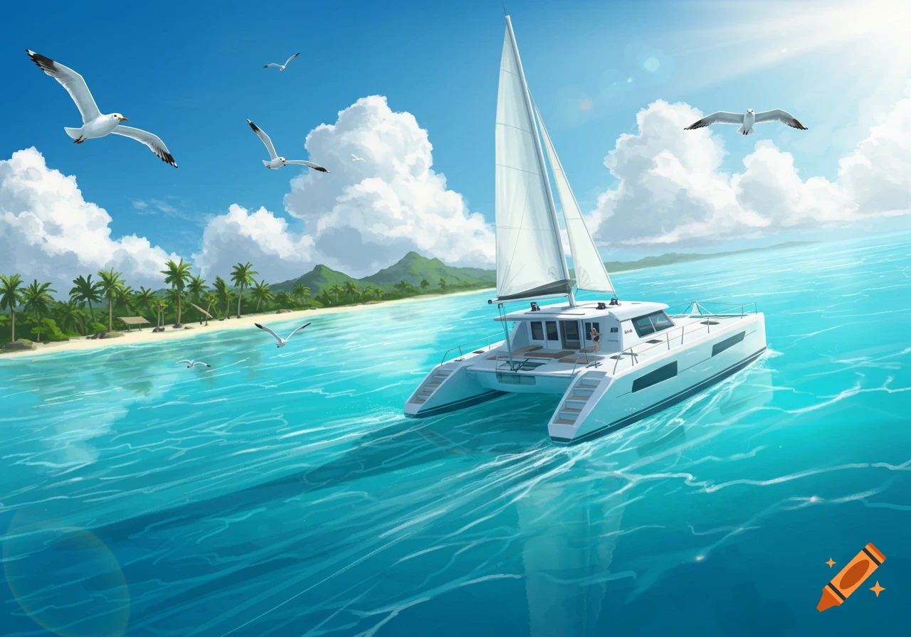 A white catamaran sails on clear turquoise water near a tropical island with palm trees and mountains under a sunny blue sky, with seagulls flying.